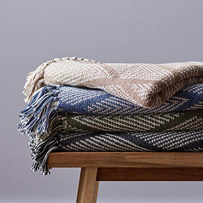 DII Diamond Throw Collection Fringed Woven Cotton Blanket, 50x60, Olive Green