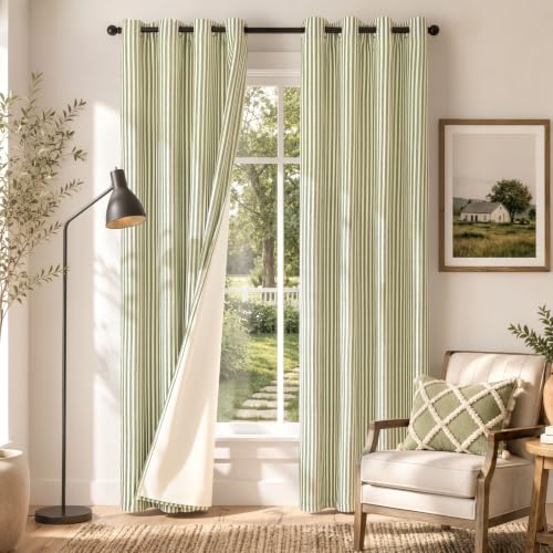 Vangao 100% Blackout Green Striped Curtains for Living Room Bedroom - color: Boxter Striped 100% Blackout| Green on Beige, size: 50"W x 84"L (Pack of 2)