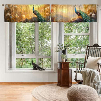 Peacock Curtain Valance for Windows 2 Pack Mountain Green Tree Blue Sky Sunlight Rod Pocket Window Treatments Short Curtains for Kitchen Windows Bathroom Bedroom 54x18 Inch - color: Peacock
