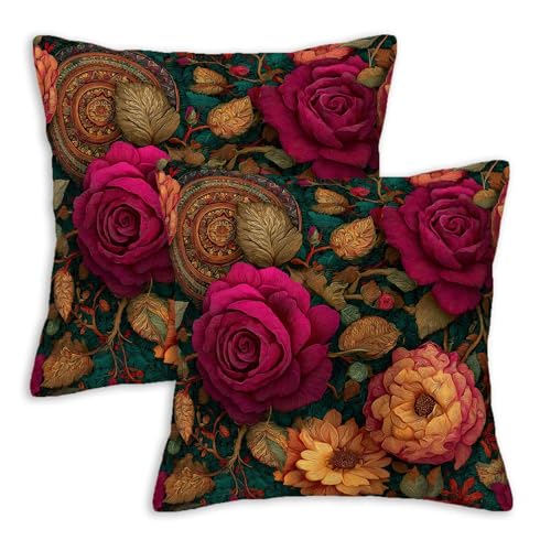 Burgundy Teal Boho Floral Throw Pillow Covers 18x18 Set of 2, Rose Medallion Decorative Cushion Covers, Vintage Botanical Pillow Cases for Couch Sofa Bedroom Living Room Decor - color: Boho Rose