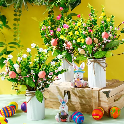 Riceshoot 3 Set Easter Table Centerpiece Artificial Egg Picks with Metal Pots Easter Sprays with Eggs Berries Eucalyptus Flowers Plants for Spring Home Decor(White) - color: White