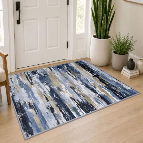 Abstract Washable Rugs for Entryway 3x4 Area Rug Non Slip Door Mat | Navy Blue Multi;Thin Printed Faux Wool Kitchen Rugs;Indoor Front Door Rug;Entry Rug;Floor Carpet;Throw Rugs for Living Room - color: Navy / Blue / Taupe, size: 3' x 4' (Rectangular)