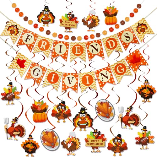 Thanksgiving Party Decorations Set - NO DIY - Friendsgiving Banner & Turkey Hanging Swirls & Circle Dots Garland Banner, Thanksgiving Decorations for Home Office Classroom Friendsgiving Party Decor - style: Friendsgiving