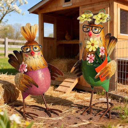 Natelf Metal Rooster & Hen Outdoor Statues Chicken Sculptures Set