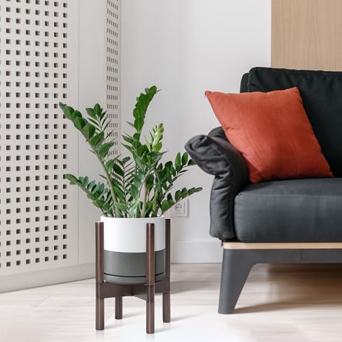 D'vine Dev Ceramic Pot with Walnut Wood Stand, White/Grey, 8 in, 55-B-Y-6 - color: White/Grey Pot + Walnut Color Stand, size: 8 Inch