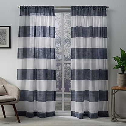 EXCLUSIVE HOME Darma Sheer Linen Rod Pocket Curtain Panel Pair, 50"x96", Indigo - color: Indigo, size: 50"W x 96"L (Pack of 2)