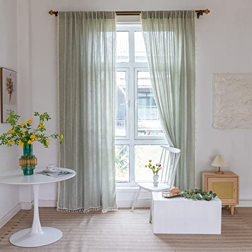RoomTalks Sage Green Boho Farmhouse Curtains for Bedroom Living Room 84 Inch Length French Country Spring Cute Textured Window Curtain Panels Striped Bohemian Chic Tassel Draperies, 84’’L x 52’’W - color: Sage Green, size: 52"W x 84"L (Pack of 2)