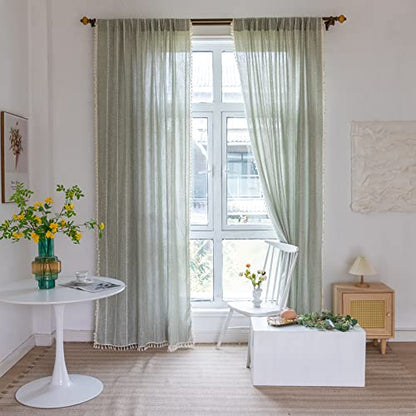 RoomTalks Sage Green Boho Farmhouse Curtains for Bedroom Living Room 84 Inch Length French Country Spring Cute Textured Window Curtain Panels Striped Bohemian Chic Tassel Draperies, 84’’L x 52’’W - color: Sage Green, size: 52"W x 84"L (Pack of 2)