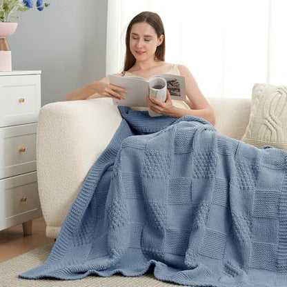 Amélie Home Checkered Knit Throw Blanket for Couch, Washed Blue, 50"x60" - color: Checkered Washed Blue, size: Checkered Knit 50"x60"