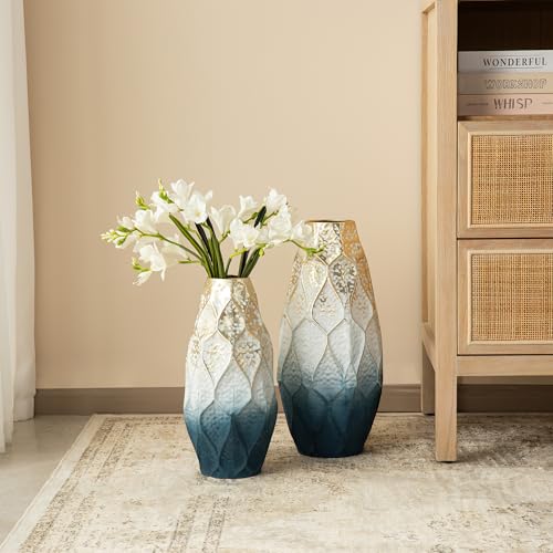 Glitzhome 19/15 Inches Metal Vases, Large Standing Vases Set of 2 for Dried Flowers, Modern Gradient Blue & Gold Floor Metal Decorative Vase for Centerpiece Living Room Ground Corner Home - color: Golden White Blue
