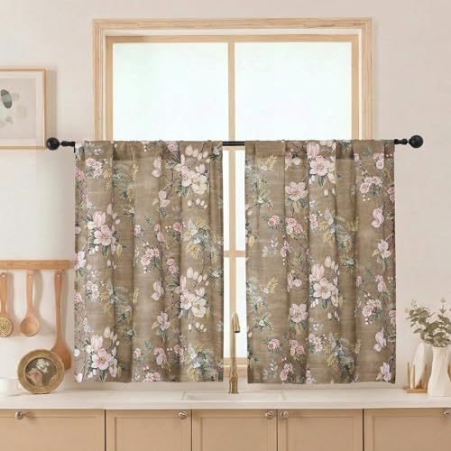 Aiyufeng Floral Kitchen Tiers Curtains 36 Inches Long, Breathable Soft Flower Patterned Rod Pocket Light Filtering for Bedroom Living Room Farmhouse Small Window Treatments, Each 30x36 Inch, Taupe - color: Taupe, size: 30"W x 36"L (Pack of 2)