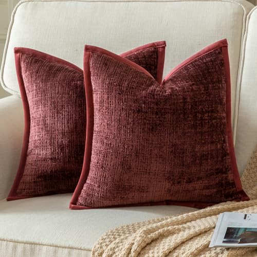 Yaertun Pack of 2 Chenille Textured Decorative Throw Pillow Covers Accent Solid Cushion Cover Soft Cozy Pillow Case with Velvet Back for Couch Sofa Bed Living Room 16x16 Inch Burgundy - color: Burgundy, size: 16" x 16" (Pack of 2)