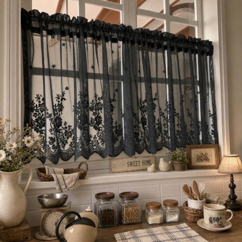 Molaxhome Kitchen Curtains Valance Black Lace Floral Semi Sheer Curtain - color: Black, size: 54"W x 24"L (Pack of 1)