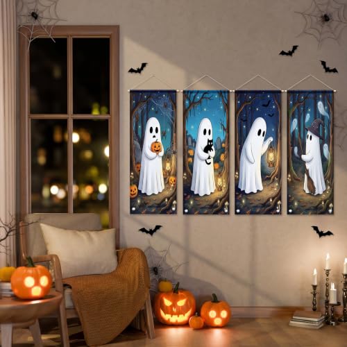 4 Pcs Halloween Ghost Tapestry Banners, Porch Hanging Decor