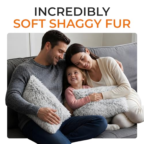 Cheer Collection Throw Pillows for Couch and Bed, Soft Shaggy Throw Pillows with Inserts Included, Cozy Long Hair Faux Fur Pillows - Set of 2-12" x 20" - Gray - color: Gray Ombre, size: 12" x 20"