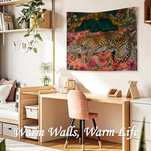 WDSFHYJK Maximalist Sleeping Leopard Tapestry Wall Hanging, Pink and Emerald Green Eclectic Cheetah Wall Tapestry Backdrop for Bedroom Living Room Home Decor, 50x60 Inch - color: Many colors-Sleeping Leopard