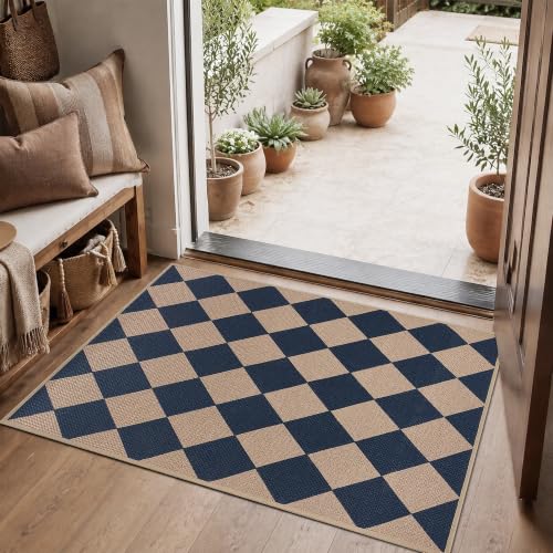 Easy Jute Kitchen Rug 2x3 Front Door Mat Washable Non Slip Entryway Rug Farmhouse Neutral Low Pil Carpet for Entryway Proch Doorway - color: Blue/Checkered, size: 2'*3'(Rectangular)