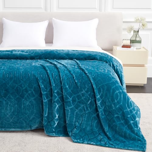 Soft Cozy Fleece Queen Size Blanket, 90x90 Inches – Lightweight Plush Blanket for Bed, Fuzzy 3D Jacquard Design - Teal - color: Teal, size: Queen (90" x 90")