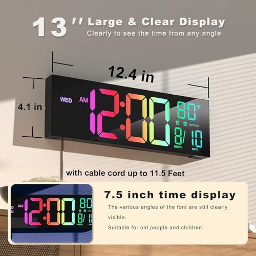 JALL 13" Large Digital Wall Mount Clock, Count Down Timer, Alarm, Big LED, 8 RGB Color, DST, Temperature for Living Room Classroom Desk, Xmas, Birthday Gift for Senior Mom Dad, Blue - color: Blue, size: 13 inches