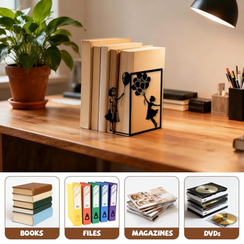 Peacoblue 5.5"x4.3"x8.3" Metal Bookends, Heavy Duty Book Ends for Shelves - style: Graffiti Balloons and Girl