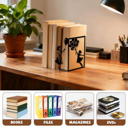 Peacoblue 5.5"x4.3"x8.3" Metal Bookends, Heavy Duty Book Ends for Shelves - style: Graffiti Balloons and Girl