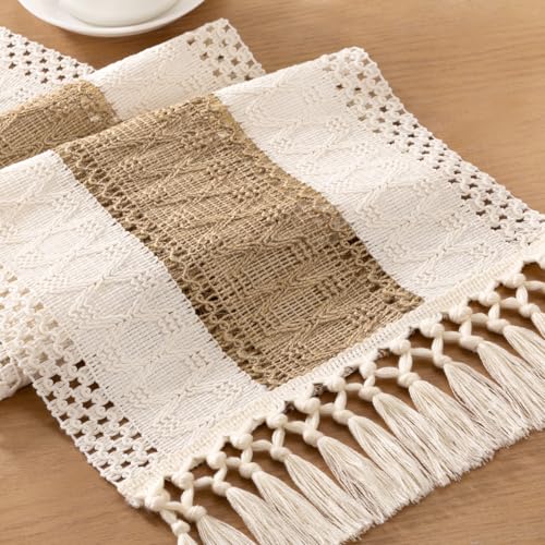 Boho Macrame Table Runner Jute Burlap Small Dresser Runner - color: Ivory and Brown, size: 12" × 60"
