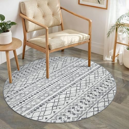 KUTA Boho Geometric Washable Circle Rug 3Ft Grey Moroccan Washable - color: Grey, size: 3' (Round)