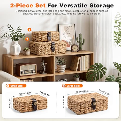 Storage Boxes with Lids, Set of 2 Water Hyacinth Wicker Baskets, Decorative Boxes for Home Decor, Coffee Table, Console Table and Bedroom, Magnetic Closures, Natural