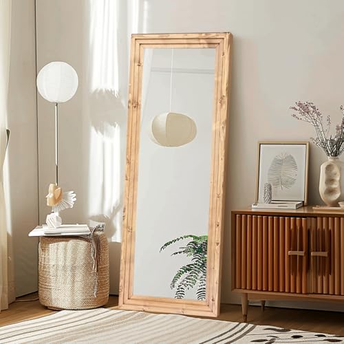 58x22in Full Length Mirror, 3-Tier Stepped Solid Wood Frame - color: Light Brown, size: 58"L x 22"W