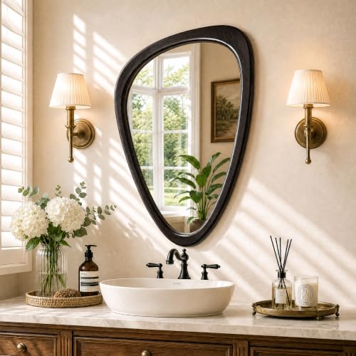 30" x 20" Asymmetrical Mirror, Solid Wood Frame, Irregular Design - color: Black, size: 30"L x 20"W