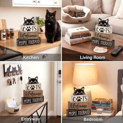 Lineshading 4 Pcs Cat Wooden Sign Set, Farmhouse Tiered Tray Decor - style: Cats