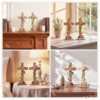 Yuntau 2 Pcs Rose Standing Cross Figurines Table Decor Wooden Rustic Catholic Statues Table Ornament Religious Pink Gift for Kitchen Mantel Home Decor Party Supplies Decoration - style: Rose Standing Cross