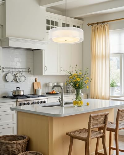VONLUCE 20" Drum Chandelier, 3-Light White Fabric Pendant Light Fixture - color: Brushed Nickel, size: 20inch