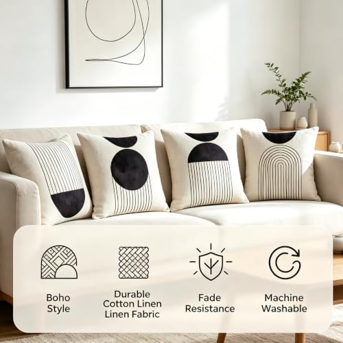 IcosaMro Black and White Boho Throw Pillow Covers 18x18 Set of 4 Beige - color: Mid Century Arched Geometry