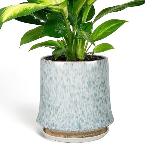 11 Inch Ceramic Planter Pot with Saucer Drainage Leak-Proof Mesh,Flower Pots for Lavender with Gardening Gloves,Ceramic Planter for Orchid(Light Blue) - color: Light Blue, size: 11 Inch