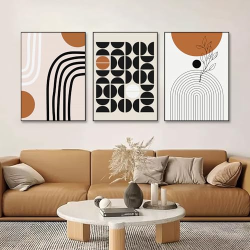 QKF 3Pcs Black Brown Boho Abstract Geometric Line Framed Canvas Wall Art - color: Brown Black And White, size: 16" X 24" X 3 pieces