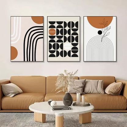 QKF 3Pcs Black Brown Boho Abstract Geometric Line Framed Canvas Wall Art - color: Brown Black And White, size: 24" X 32" X 3 pieces