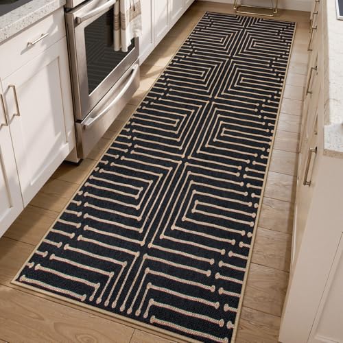 Lahome Maze Lines Washable Kitchen Runner Rug, 2x8 Black Outdoor Runner Rug - color: Black Geometric, size: 2'6" x 8' (Runner)