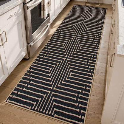 Lahome Maze Lines Washable Kitchen Runner Rug, 2x8 Black Outdoor Runner Rug - color: Black Geometric, size: 2'6" x 8' (Runner)