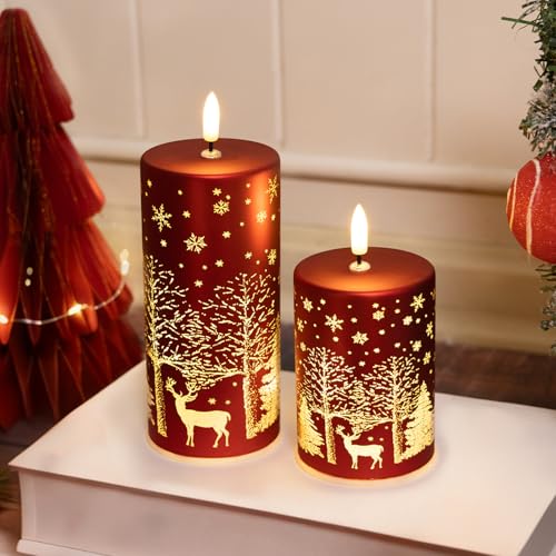 MJ PREMIER Christmas Decorations Indoor Mercury Glass Lights with Timer Battery Operated Light Table Centerpiece for Home Decor, Fireplace Mantle, Gift LED Christmas Tree with Deer Carvings (Red)