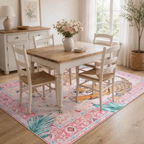 Moynesa Pink Tiger 5x7 Rug for Living Room, Washable Boho Bedroom Area Rug - color: Pink, size: 5' x 7' (Rectangular)