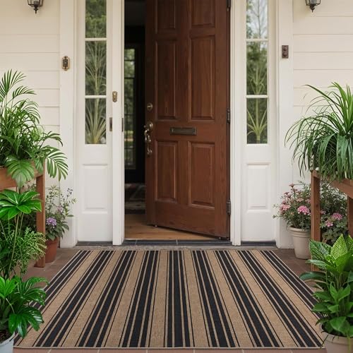 Zeeinx Striped Easy Jute Rug 3x5 Outdoor Rug Neutral Front Door Mat - color: Black/Striped, size: 3'*5'(Rectangular)