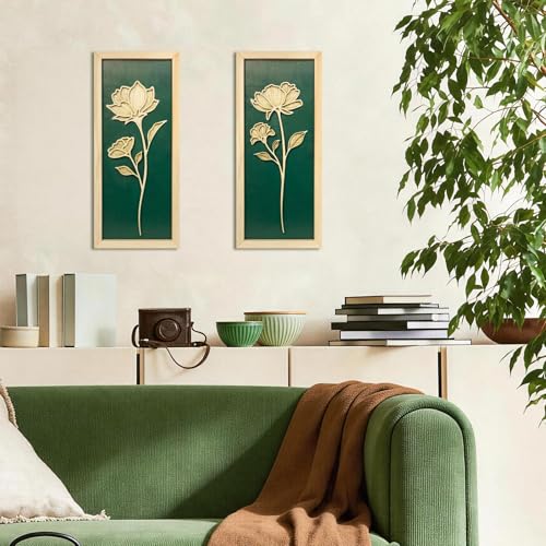 KOYILTD 2pcs 3D Green Wall Art Floral Wall Decor Boho Framed Bathroom Art - style: 2huahuilvqiang-Boho