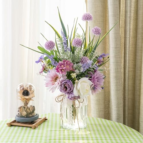 Artificial Faux Flowers in Vase-Fake Purple Transvaal Daisy and Dandelion - color: Purple & White