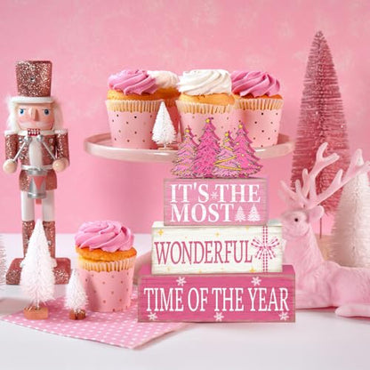 Britimes Pink Christmas Tiered Tray Decor Set, 4 Pack, Wooden Table Sign - style: Christmas Pink Tree