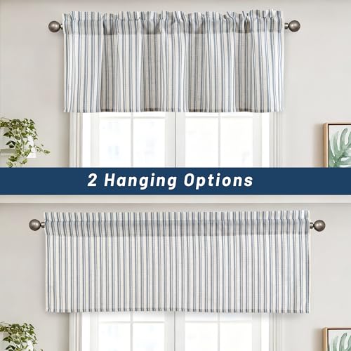 JIUZHEN 42x18 Inch Kitchen Valance - Thick Textured Linen Striped Window Valance Curtain with 3" Rod Pocket, Vertical Striped Blue (1 Panel) - color: Vertical Striped Blue, size: 42"W x 18"L (Pack of 1)