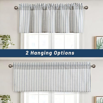 JIUZHEN 42x18 Inch Kitchen Valance - Thick Textured Linen Striped Window Valance Curtain with 3" Rod Pocket, Vertical Striped Blue (1 Panel) - color: Vertical Striped Blue, size: 42"W x 18"L (Pack of 1)