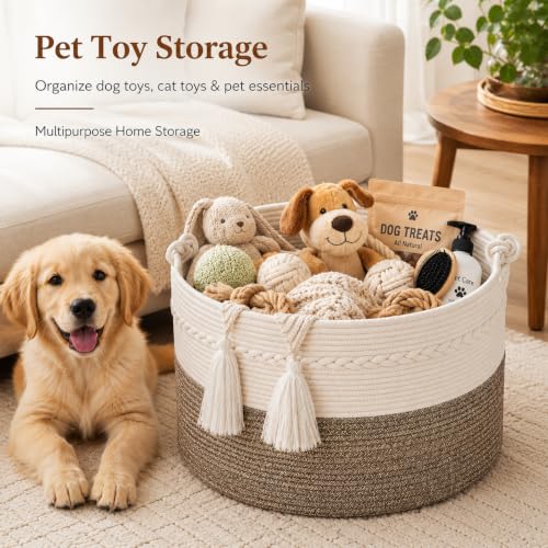 KAKAMAY Large Blanket Basket (20"x13"),Woven Baskets for storage Baby Laundry Hamper, Cotton Rope Blanket Basket for Living Room, Laundry, Nursery, Pillows, Baby Toy chest (White/Beige) - color: Beige