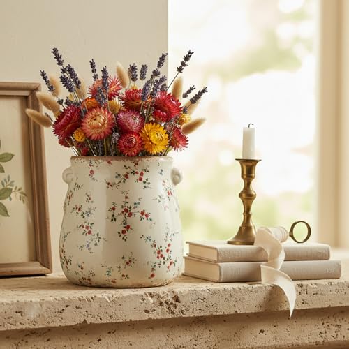 Shabby Chic Ceramic Vase & Flower Pot with Drainage, French Country Decor - color: Cottage Red/Green Floral