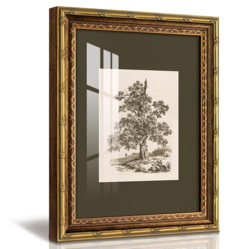 InSimSea Gold Framed Wall Art, Vintage Sketch Tree Forest Canvas Print | 13x16 Inch Minimalist Botanical Landscape Painting with Glass, Rustic Farmhouse Wall Decor for Living Room Bedroom Bathroom - color: Green Sketch Tree, size: 16"L x 13"W